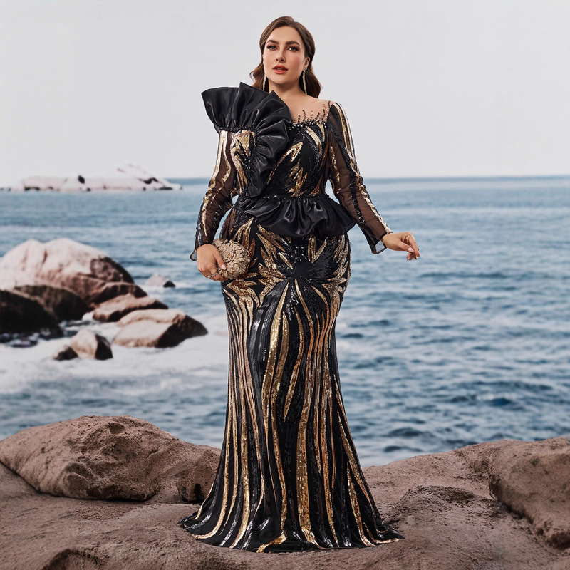 European and American Amazon Long-Sleeved Sequin Embroidered Mermaid Evening Dress Formal Elegant Ruffled Luxury Beaded Dress