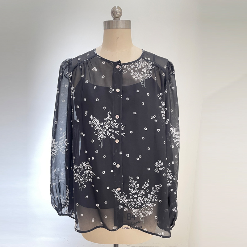 라운드 넥 카디건-흑백 꽃