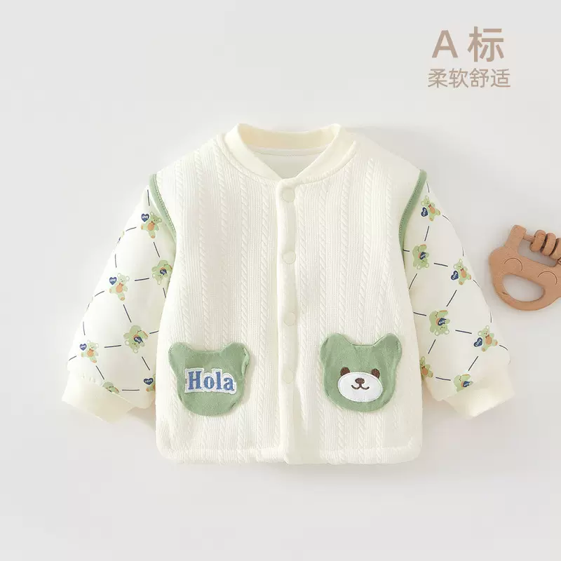 婴儿家居服上装单件纯棉秋冬薄棉新生儿男童宝宝夹棉保暖上衣无骨