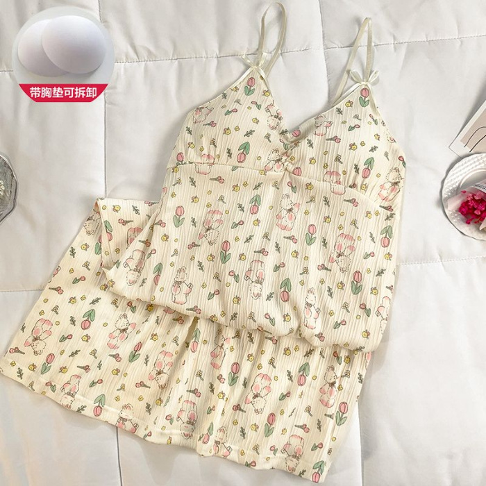 Pijama de verano giratorio desmontable con cojín de pecho dulce lindo vestido de algodón arrugado ropa para el hogar
