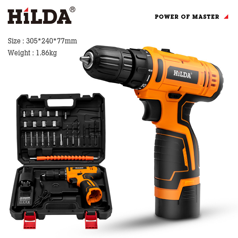 Taladro eléctrico recargable de litio Hilda para uso doméstico, herramientas eléctricas en stock, taladro manual, destornillador eléctrico