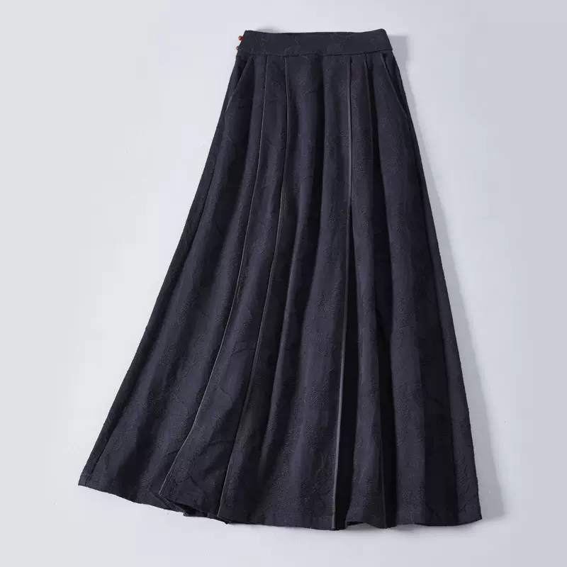 国风秋冬大摆裙民族风提花裙汉改玛瑙扣复古茶服裙黑色半身裙A字