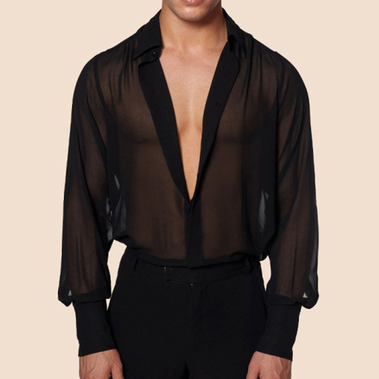 Black Thin See-through Chiffon Men's Slim Shirt Cross-border European Size Breathable Casual Top Nightclub Performance Clothing for Men