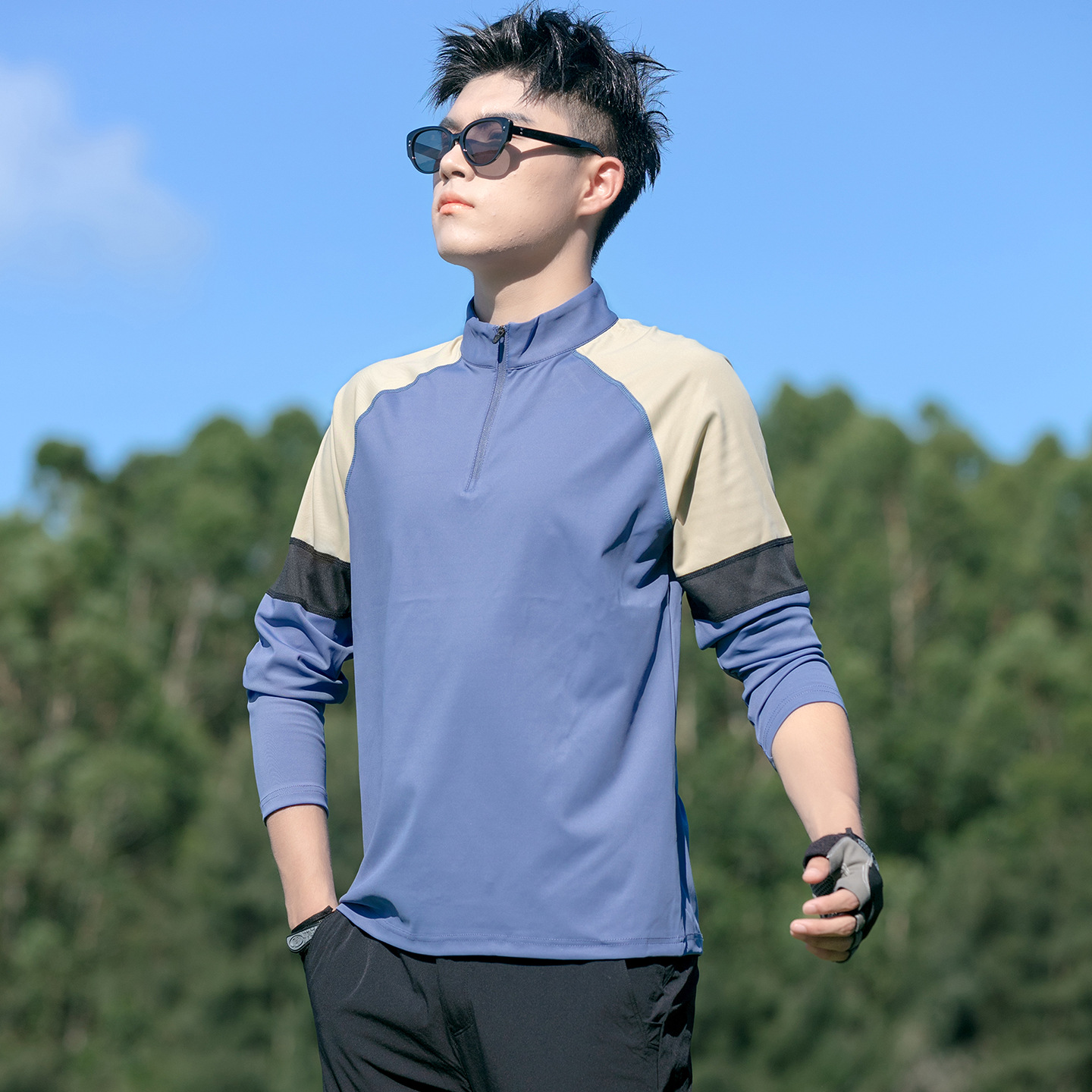 Half-Zip Long-Sleeved T-Shirt Men's Stand-Up Collar Sports Fitness Spring & Fall Running and Cycling Training Urban Outdoor Quick-Drying Top