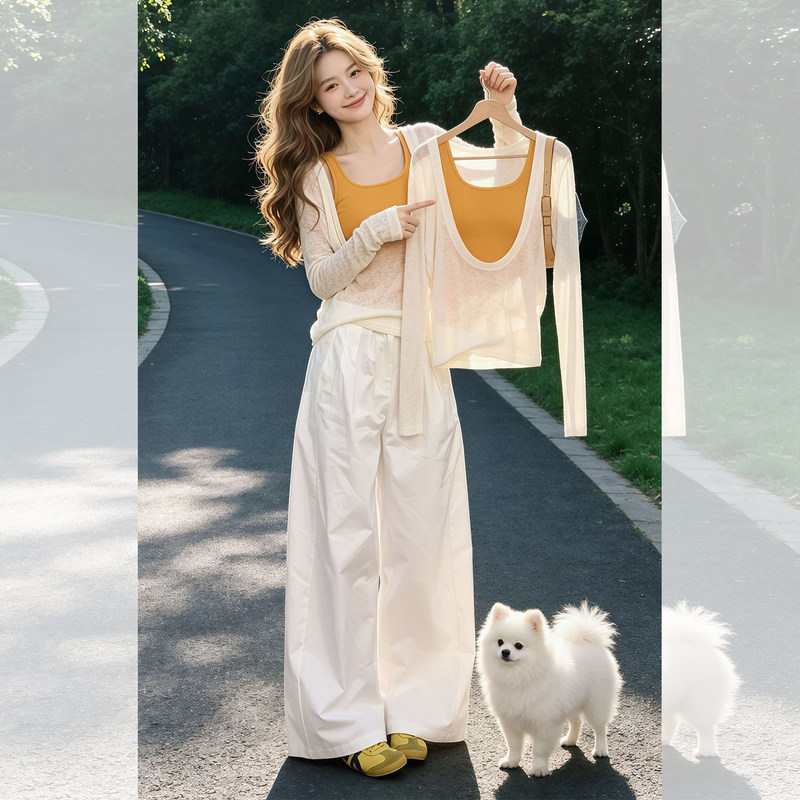 2026 Summer New Style Pure Desire Fairy Camisole Top + Long-Sleeve Cover-Up Sweet Style Two-Piece Set 12377