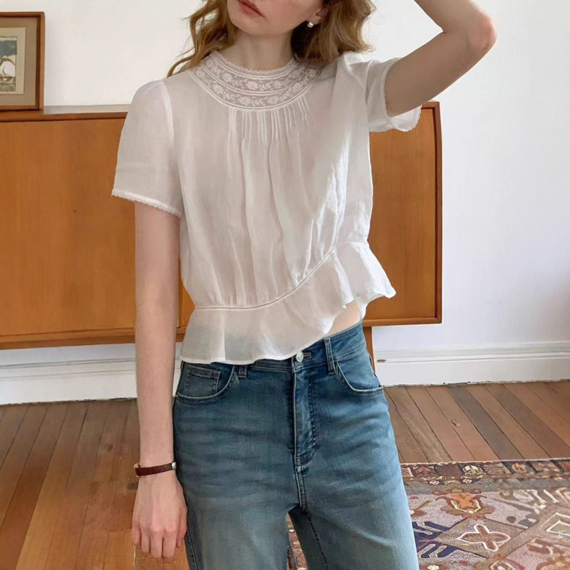 2025Ss 100 Ramie Heavy French Lace Splicing Short-Sleeved Edward Shirt