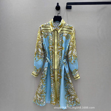 南油法式新款名媛定位印花斜纹真丝长袖印花衬衫连衣裙系带收腰女