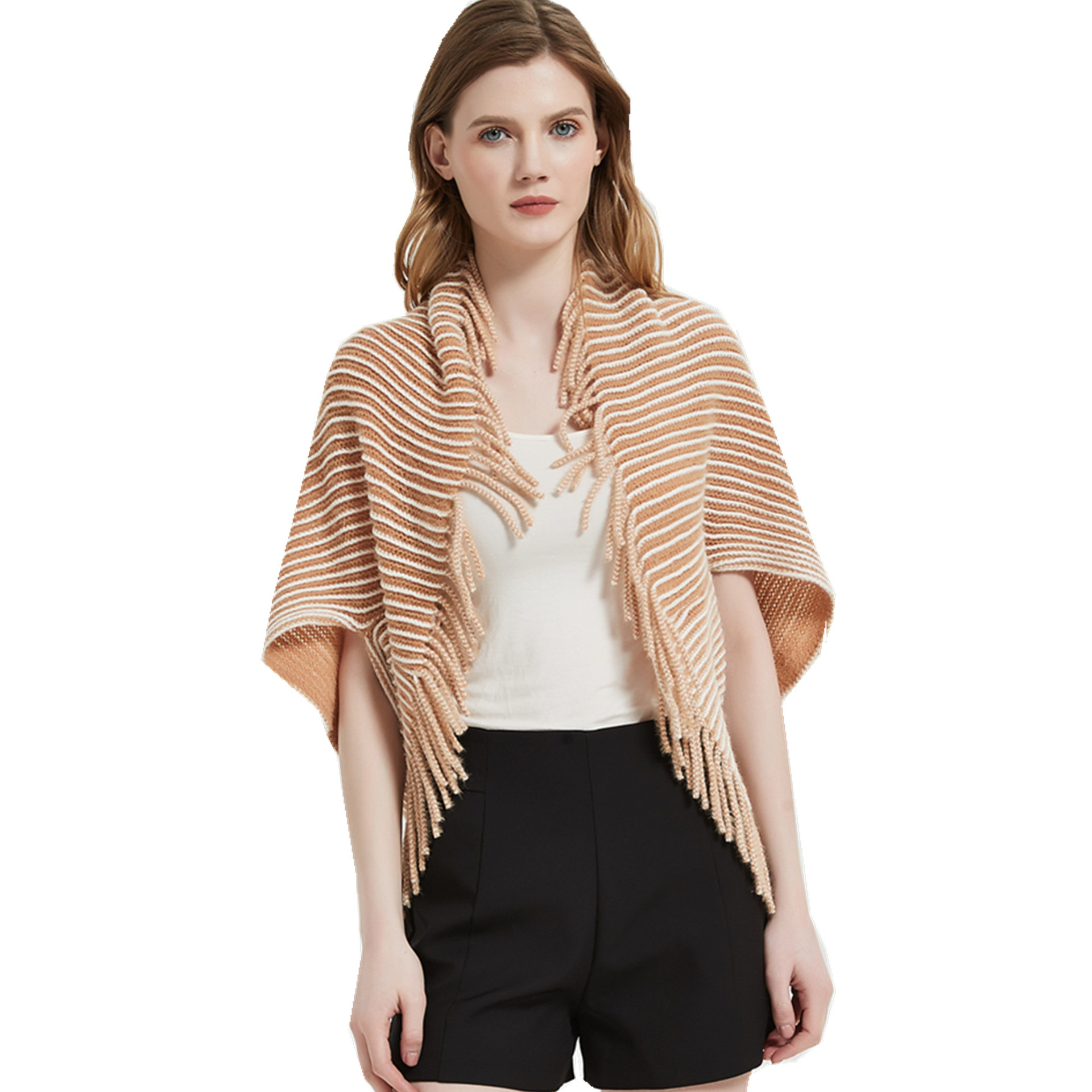 Unisex Cape Winter cuff striped knitted cardigan fringed cape_viptrois.com