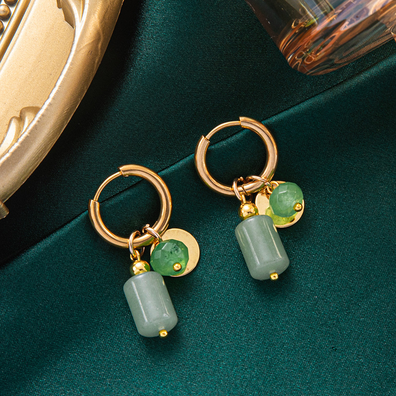 AliExpress nueva llegada mujeres de acero inoxidable pendientes redondos verde Piedra Natural colgante vintage moda joyería impermeable