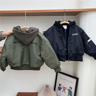 24 Autumn and Winter Children's American Fake Two-piece Hooded Jacket Boys and Girls Handsome Aviator Jacket Baseball Jacket