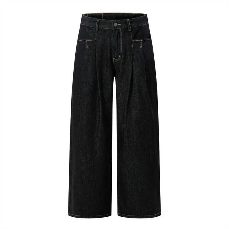 Pleated design solid color jeans with unique street style, men's double-pocket wide-leg jeans, trendy brand feel, loose fit long pants Pleated design solid color jeans with unique street style, men's double-pocket wide-leg jeans, trendy brand feel, loose fit long pants