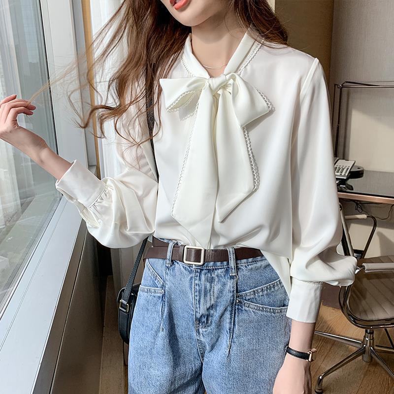 Wholesale White Chiffon Shirt for Women, Long-Sleeved, New Spring Style, Bow Tie, Blue Shirt, Elegant Tie-Up Top Wholesale White Chiffon Shirt for Women, Long-Sleeved, New Spring Style, Bow Tie, Blue Shirt, Elegant Tie-Up Top
