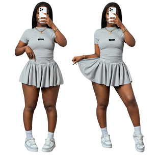 T1109 European and American Cross-Border Women's Clothing Summer New Fashion Pure Color Pleated Skirt Two-Piece Set