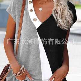 现货2023复古拼色印花纽扣 V 领短袖 T 恤