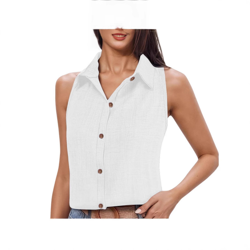 2024 Europe and the United States cross-border Amazon ebay summer lapel cotton and linen buttons sleeveless shirt women's shirt
