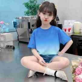俏妮 童装渐变纯色女童短袖t恤衫夏季幼儿园宝宝半袖上衣班服批发