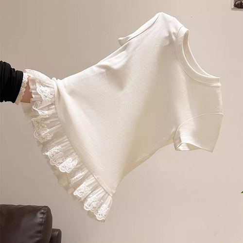 Pure Desire Lace Hem Crew Neck Short Sleeve T-Shirt for Women - 2025 Summer New Slimming Fashion Student Top