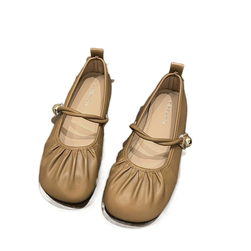 Popular Mary Zhen Doudou 2025 Spring and Summer New Flat Sole Wrinkled One-Line Grandma Light Mouth Gentle Single Shoes Fairy Style