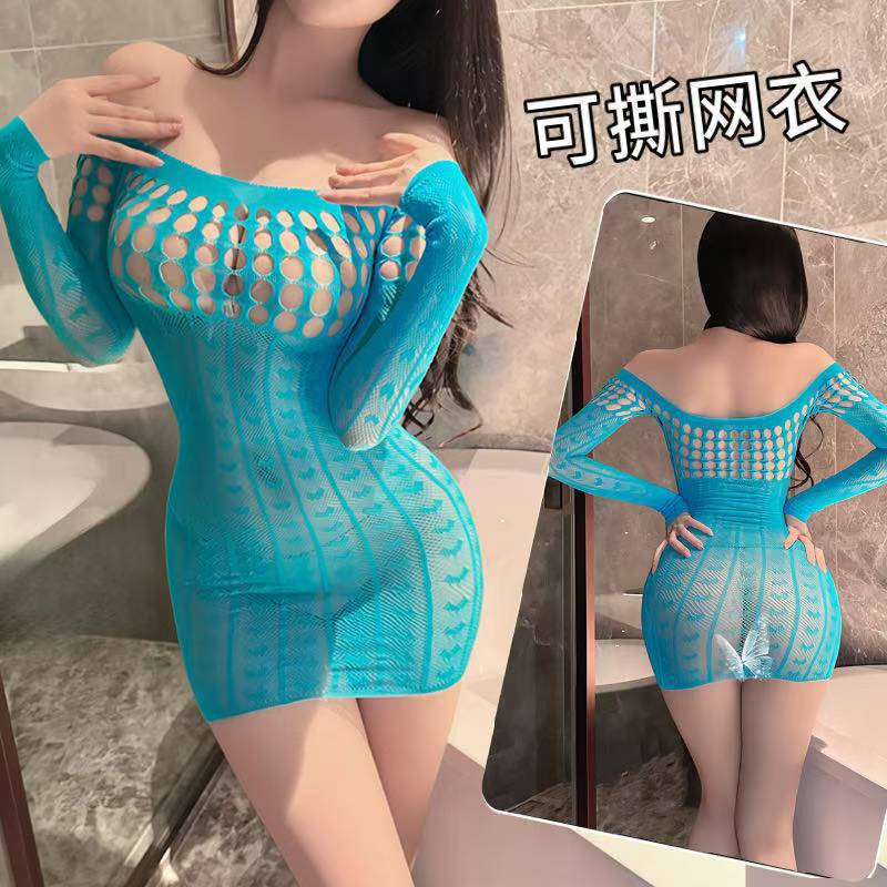Hollow-Out Fishnet Mini Dress with Suspenders, Long-Sleeve Jacquard Lingerie in Blue, One Size — detail image 1