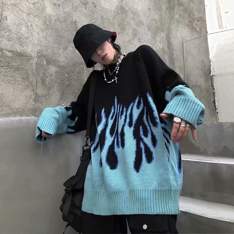 High Street Fashion Brand Hip Hop Sweater Men's Fashion Brand Flame oversize Autumn and Winter Lazy Style Loose Casual Knitted Sweater High Street Fashion Brand Hip Hop Sweater Men's Fashion Brand Flame oversize Autumn and Winter Lazy Style Loose Casual Knitted Sweater