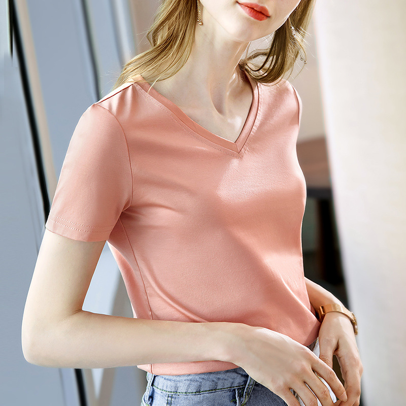 アイスフィールシルケットコットン半袖 Tシャツ女性のための 2025 新しい女性の気質 V ネック純綿 Tシャツ無地ハイエンドトップ|undefined