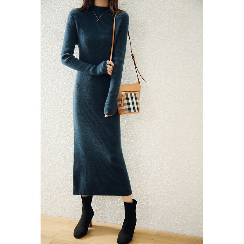 Autumn and Winter Cashmere Dress, Slim Fit, Hip-covering, Extra-long Knitted Wool Bottoming, Knee-length Sweater, Long Skirt