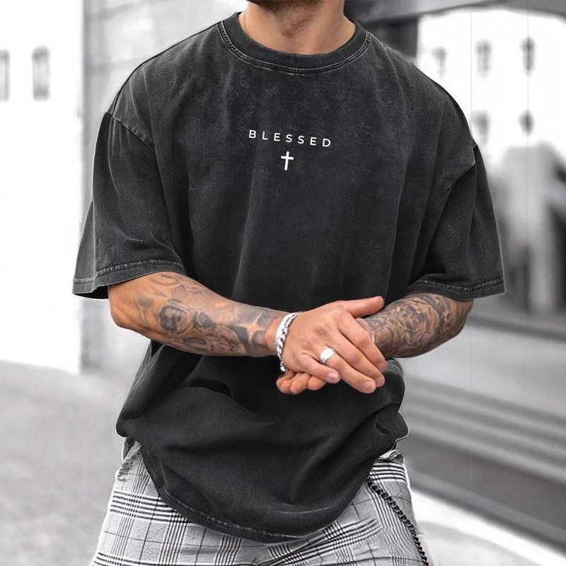 Cross-Border European Size Men's Cross & Letter Print Round Neck Tee, Casual Cross-Border European Size Men's Cross & Letter Print Round Neck Tee, Casual