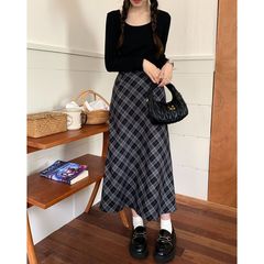 美ラードの復古型の格子の半身のスカートの女性の新型の洋気の百合は腰のカジュアルな中の長いタイプの女性の半身のスカートを緩めます。