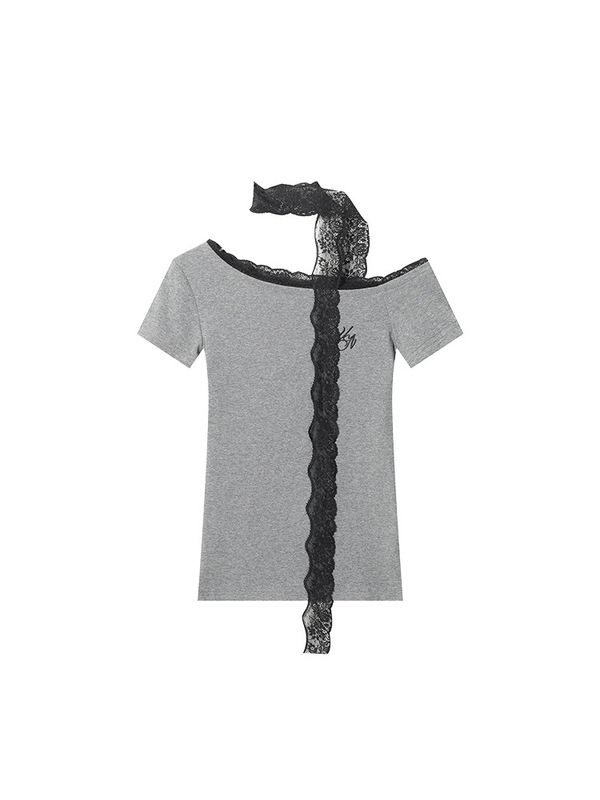 グレーのオフショルダー半袖Tシャツ女性用2025年夏ハイエンドホットガールスリムウエストワンショルダーレーストップ|undefined