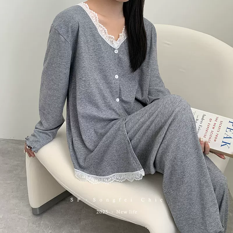 韩风蕾丝睡衣套装秋冬新款木耳边系扣宽松家居服二件套长袖慵懒女
