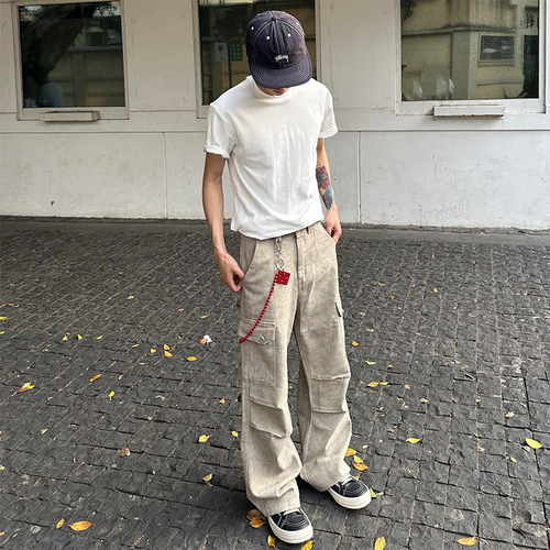 American High Street Marble Dark Texture Pleated Pocket Work Pants for Men and Women, American Paratrooper Pants, Loose Casual Long Pants, Trendy