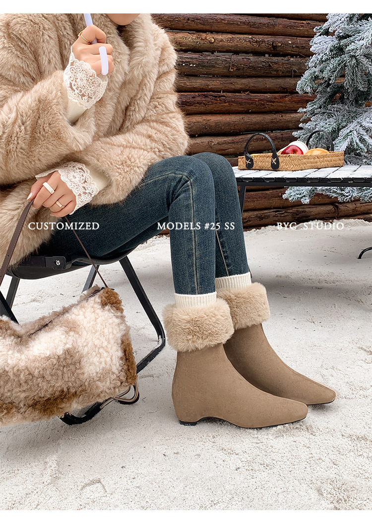 Boot nữ cổ cao lông cừu mũi vuông tăng chiều cao — cà phê nâu, màu xám, quả mơ chi tiết 15