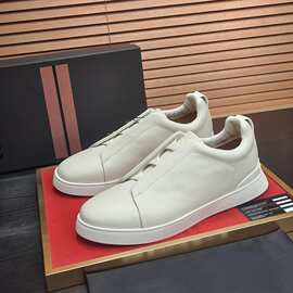 男鞋潮牌板鞋真皮低帮小白鞋男一脚蹬懒人鞋松紧带套脚乐福鞋