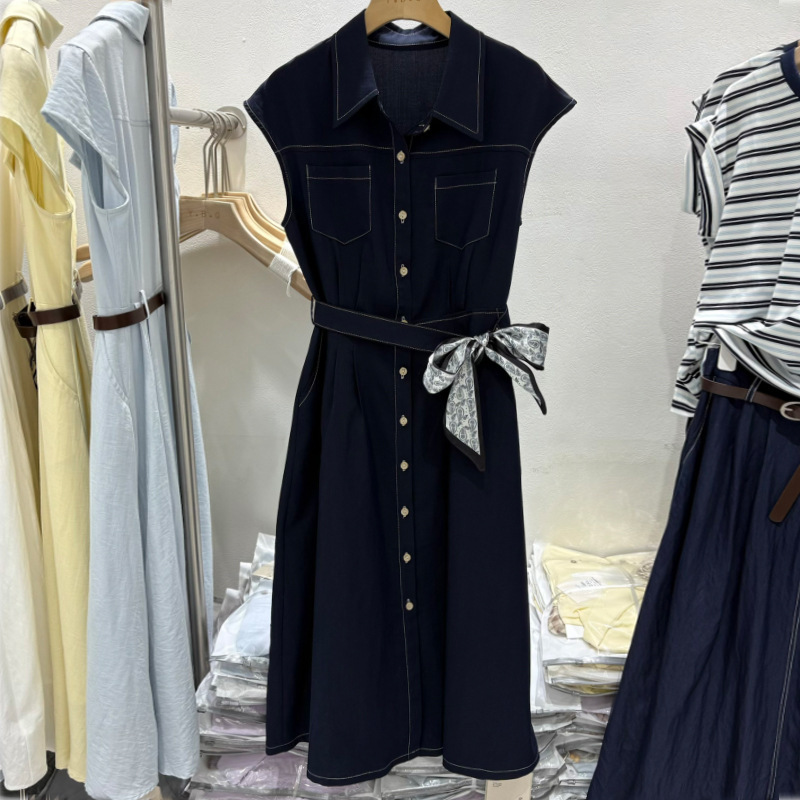 Fashionable Navy Blue Sleeveless Shirt Dress for Women, 2026 Summer New Style, Elegant Waist-Cinching, Slimming, Tie-Waist Mid-Length Dress Fashionable Navy Blue Sleeveless Shirt Dress for Women, 2026 Summer New Style, Elegant Waist-Cinching, Slimming, Tie-Waist Mid-Length Dress