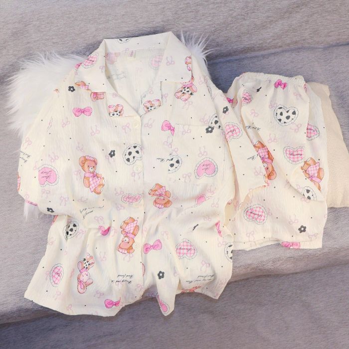 Pijamas de algodón nubes al por mayor transfronterizos de mujeres pantalones cortos de mangas cortas de verano nuevos cardigans con solapas de dibujos animados lindos cubiertas de ropa para el hogar