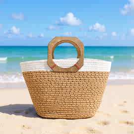 ins风热卖跨境棉绳编织包通勤手提轻奢托特女包大容量度假草编包