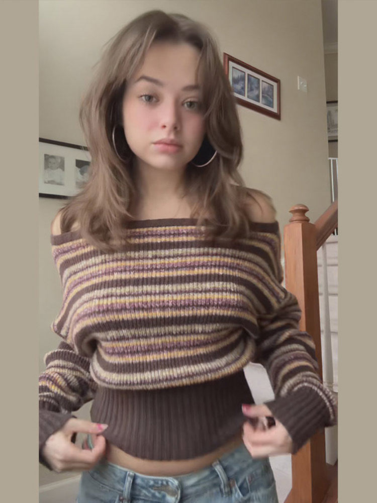 Moda de hombro con rayas de color contrastante suéter chaqueta mujer 2025 transfronteriza Europa y Estados Unidos principios de otoño nuevo caliente