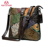 NIUCUNZH经典复古国风女士真皮单肩包拼接牛皮压花斜挎包流苏女包