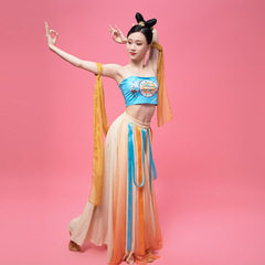 Flying Dunhuang Dance Costume Set for Women, Printed Pectoral with Yellow Silk Gauze, Gradient Skirt with Large Train, Classical Dance
