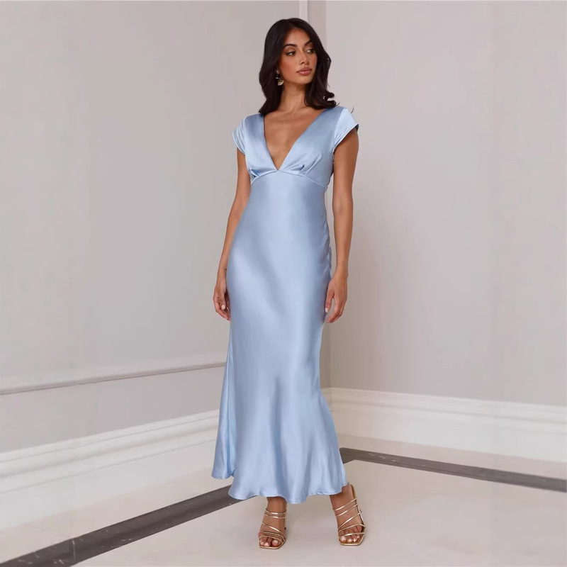 Cross-Border European and American Style Ruched Bodycon Dress, Light Luxury Satin Off-Shoulder Cocktail Dress, Slim-Fit Elegant Long Dress Cross-Border European and American Style Ruched Bodycon Dress, Light Luxury Satin Off-Shoulder Cocktail Dress, Slim-Fit Elegant Long Dress