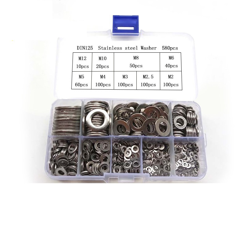 580件304不锈钢垫圈套装，抛光表面，M2-M12 尺寸，耐用材料