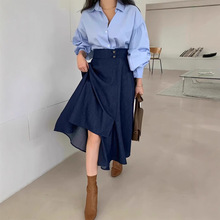 韩国chic春季新款温柔奶蓝灯笼袖衬衫+高腰显瘦不规则半身裙套装