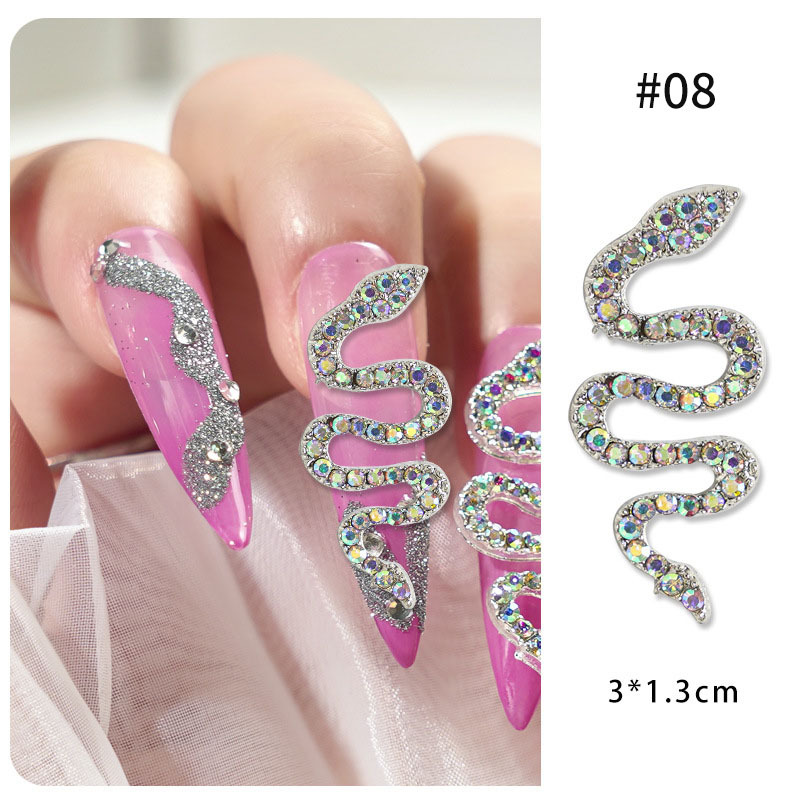 Aleación de uñas serpiente incrustada en diamantes accesorios de uñas tridimensionales Diamante de uñas joyas de metal oro plata diamante accesorios de uñas