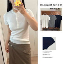 100%全羊毛经典亨利领羊毛修身叠穿针织短袖2026年春季新款