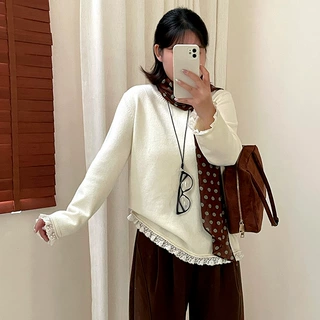 大码圆领蕾丝花边拼接打底衫2026冬胖mm甜美减龄针织上衣女25139