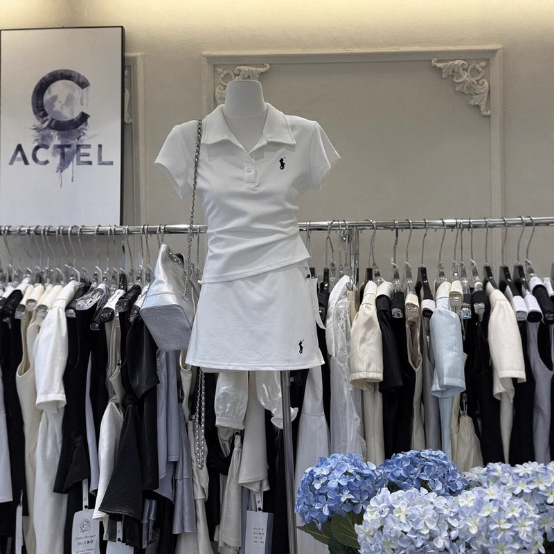 Summer New Style Embroidered Pony Polo Collar Short Top A-Line Short Skirt Pure Desire Two-Piece Commuter Set