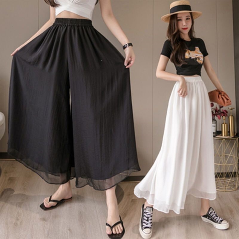 Chiffon Skirt Pants for Women, Summer High-Waisted A-Line Slimming Thin Style, Fashionable Plus-Size Cropped Pants, Wide-Leg Pants with a Flowy and Elegant Drape