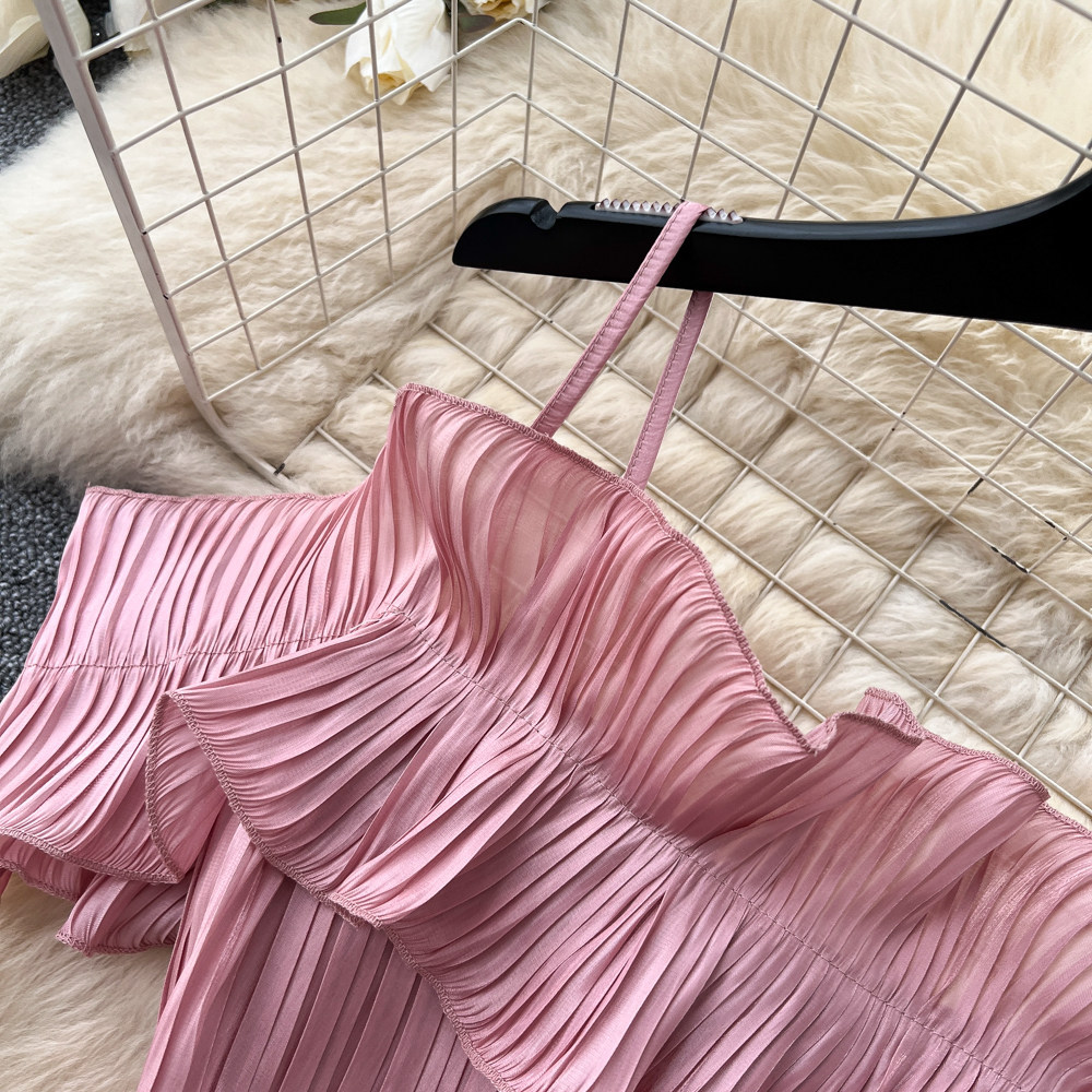 French Style Off-Shoulder Spaghetti Strap Dress Korean Waist Cinching Summer Elegant Long Dress for Vacation_ecoleips.com