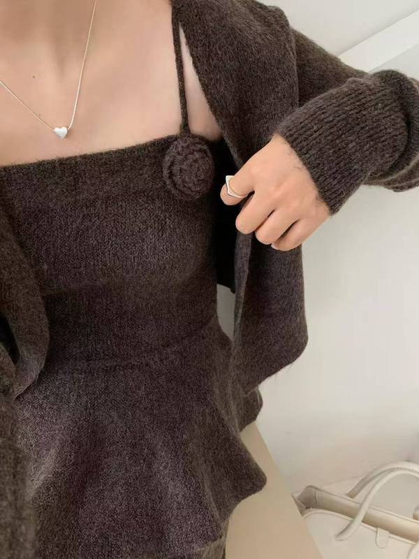 温柔风立体刺绣花朵针织开衫+吊带+半身裙套装女秋装毛衣三件套潮|undefined