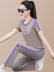 Ladies Summer Casual Sportswear Set Fashion Trend Round Neck Thin Ice Silk Short Sleeve Summer Quick Dry Running Two-Piece Set
